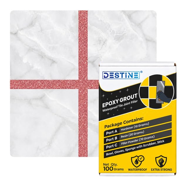Image of DESTINE Epoxy Grout for Tiles (110 Colours)(100 g), Waterproof Joint Filler, Crack Filler, Tiles Gap Filler, Stain Free, Acid & Chemical Resistance Epoxy Grout (Baby Pink [Silver Glitter])