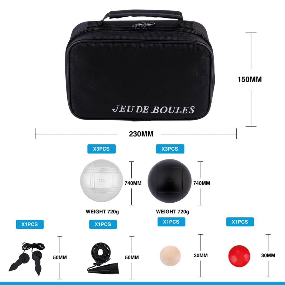 6-teiliges Metall Boule Set mit Tasche, 3 schwarzen & 3 silbernen Kugeln, Magnet, Distanzmesser & Holz-Cochonnet – Boccia / Botcha Spiel für Kinder & Familien - Petanque, Jeu de Boules – 010207