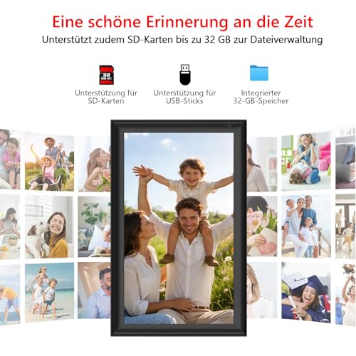 FRAMEO 15,6-Zoll WiFi Digitaler Bilderrahmen 1920x1080 FHD Groß 32GB Smart Digitaler Fotorahmen IPS Touchscreen Auto-Rotation Wandmontage Fotos/Videos sofort über FRAMEO APP teilen
