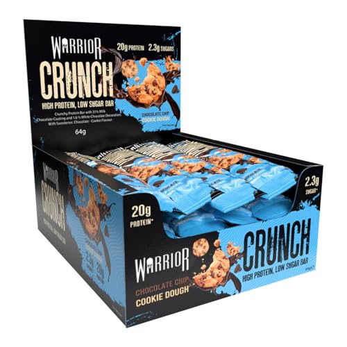Warrior Crunch Proteinriegel 12 × 64 g (Choc Chip Plätzchenteig) – 20 g Eiweiß pro Riegel – Zuckerarmer High-Protein-Snack, Knusprig – ideal für Muskelaturaufbau & Ernährung unterwegs