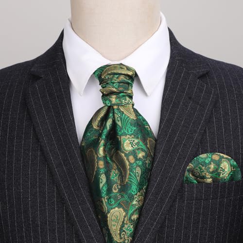 Image of HISDERN Ascot Ties for Men Paisley Floral Ascot and Pocket Square Set Classic Self Tie Mens Cravat Handkerchief for Wedding
