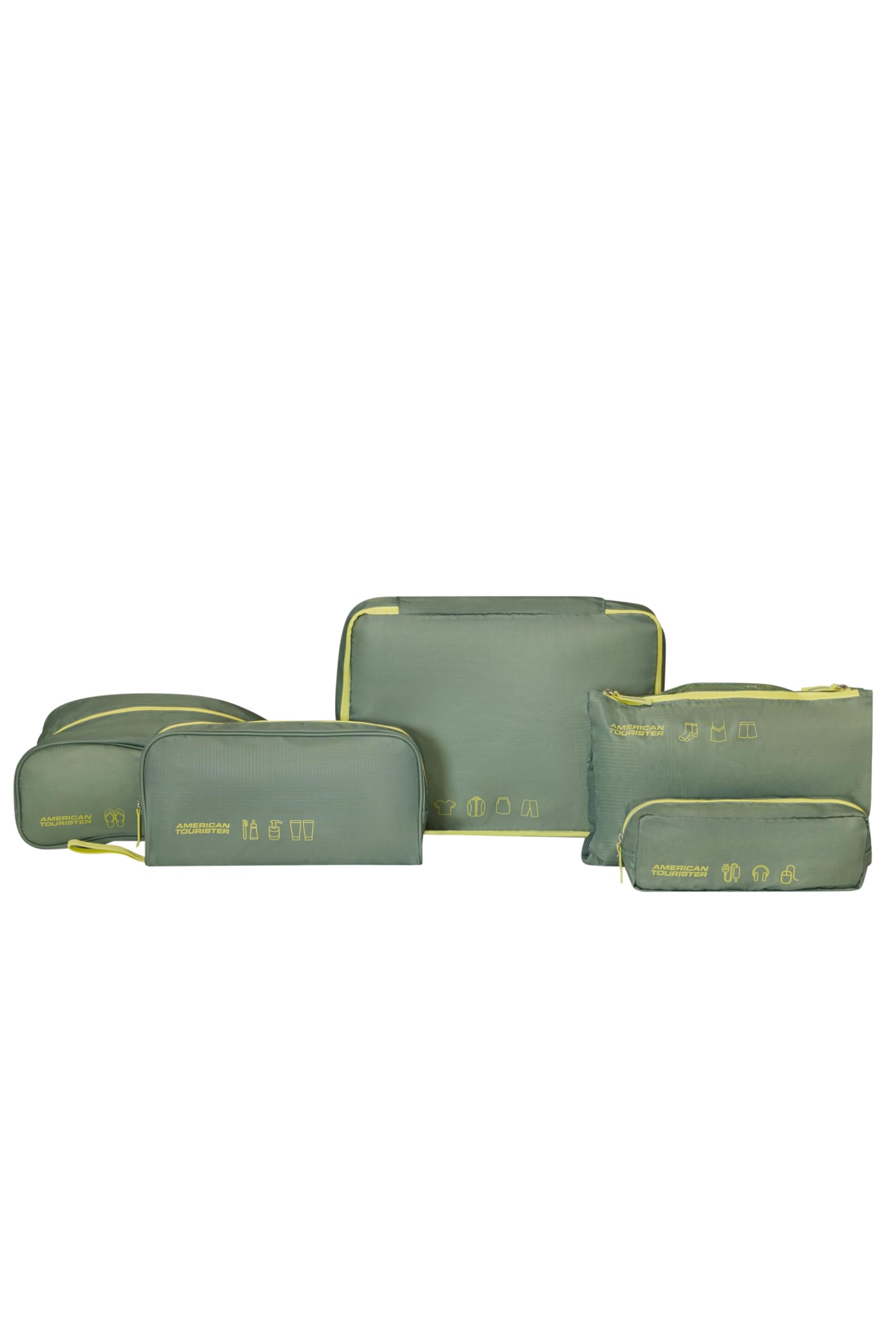 American Tourister Packing Cube Set 5 Pieces - Travel Organiser & Suitcase Organiser for Clothes, Shoes and Accessories, Luggage Organiser for Suitcases and Carry-on, Olive/Lime
