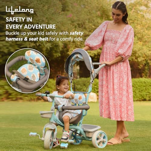 Image of Lifelong Kids Parental Control Tricycle with Canopy,Harness,EVA Wheels, Bell & Storage Basket|Baby Trike|Age Group 1 Years to 4 Years Carrying Capacity Upto 25 kg (Blue /Grey)