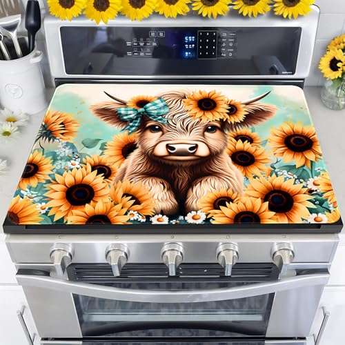 Image of Sunflower Stove Top Cover for Electric Stove, Highland Cow Stove Cover, Spring Flower Range Cover, Glass Cooktop Covers 28x20 inch, Spring Summer Cooktop Cover for Kitchen Holiday Home Decor