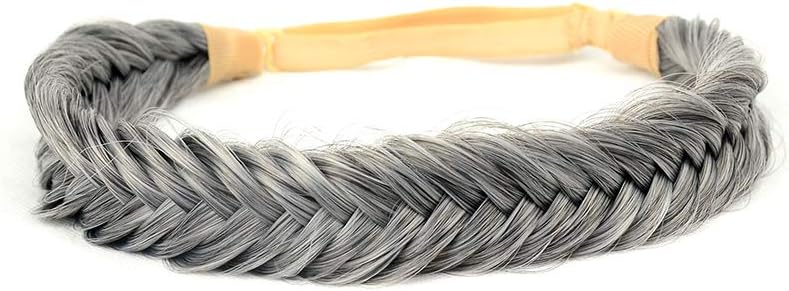 BOBIYA Wide Fishtail Synthetic Hair Braided Headband Classic Chunky Plaited Braids Elastic Stretch Hairpiece Women Girl (Salt Pepper)