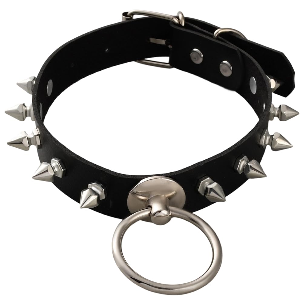 Collier Ras du Cou en Cuir Synthétique avec Pendentif en Forme de O Style Punk Rivets Clous Chaîne Ajustable Style Gothique Noir Style Rock et Motard Idéal pour Un Cadeau d'halloween