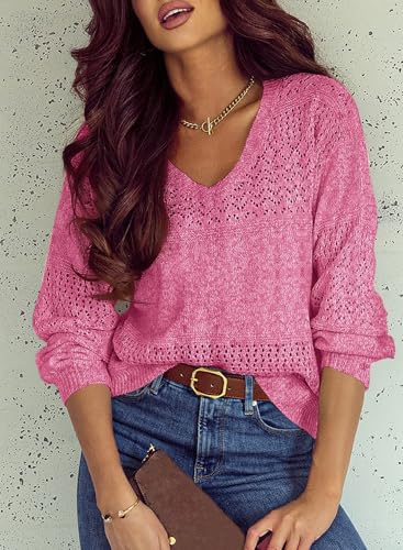 Image of SHEWIN Women's Sweaters Casual Long Sleeve V Neck Crewneck Lightweight Crochet Pullover Sweater Tops