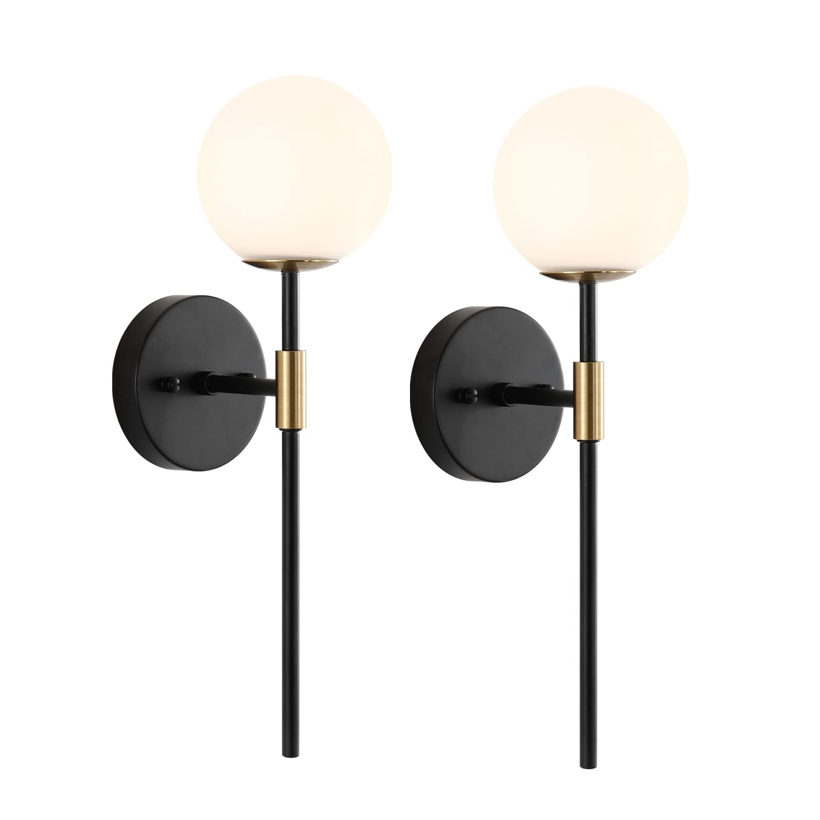 Photo 1 of BYOLIIMA Industrial Mid Century Wall Sconce Set of 2 with White Globe Glass Shades Modern Bathroom Vanity Wall Lamp Black and Gold Finished Wall Light Fixture