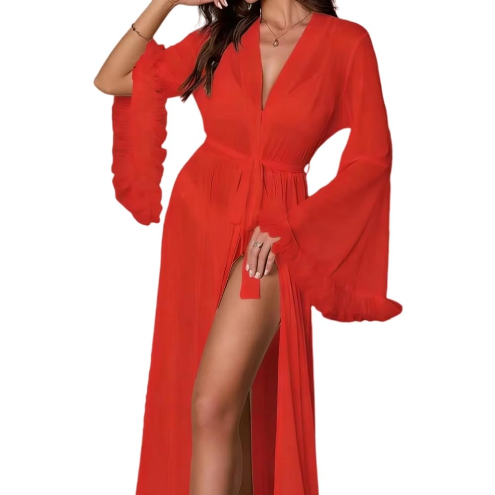 Bata Larga de Malla Transparente para Mujer Lencería Sexy Kimono Transparente Bata de Casa Ropa de Dormir Ligera y Batas de Dama de Honor Camisón con Cinturón