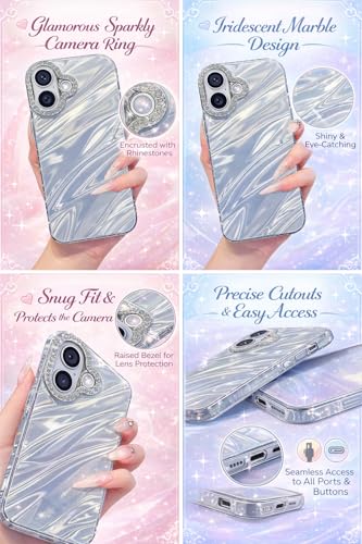 Image of DIZORO Compatible with iPhone 17 Case | Marble Glossy Hard PC Back Cover with Diamond Camera Protector | Ultra Stylish Shockproof Back Cover Case for Girls Women-Sky