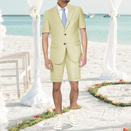 2 Piece Mens Linen Suit Short Sleeve Blazer Shorts Set Casual Summer Beach Wedding Prom Homecoming Outfit3