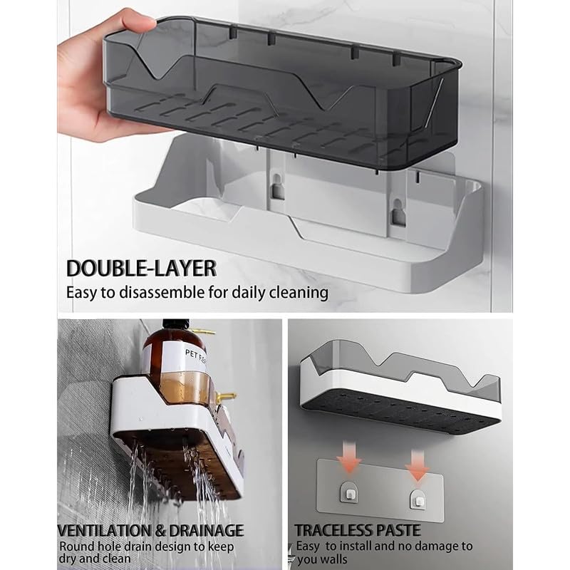 POTLID Wall Mounted Bathroom Shelf Organizer | 1 Tier Plastic Bathroom Rack | No Drill Adhesive Bathroom Accessories Holder for Shampoo, Soap & Toiletries 1
