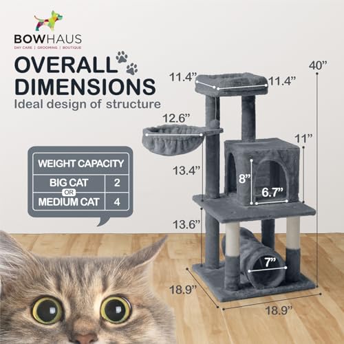 Image of BOWHAUS Tall Cat Tree for Indoor Large Cats or Kittens, Multi-Level Cat Activity Tree with Scratching Posts, Hammock, Cat Cave Condo, Modern Cute Small Cat Climbing Tower with Widened Perch