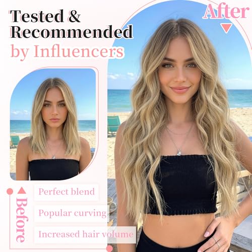 Image of Wavy Thick Hair Extensions 20 inch Dark Ash Blonde Mixed Blonde | 4 Pieces Clip in Extensions,Fiber Double Weft Hairpieces,Natural Volume,Beach Wave Long Synthetic Hairpieces for Women