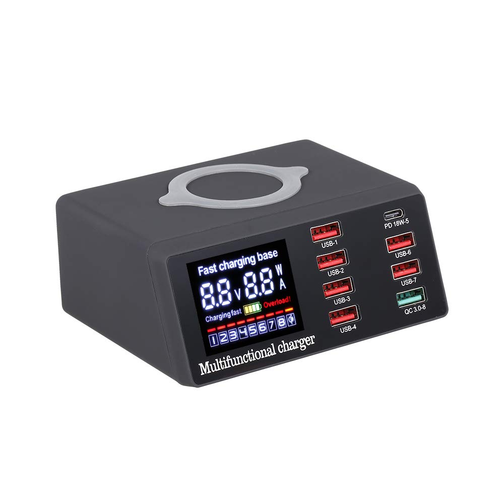 Irfora USB-Ladegerät,X9 8 Port Wireless USB Ladegerät Schnellladung PD + QC3.0 + USB Port Ladestation mit LED-Anzeige für Telefon/Laptop/Tablet EU-Stecker