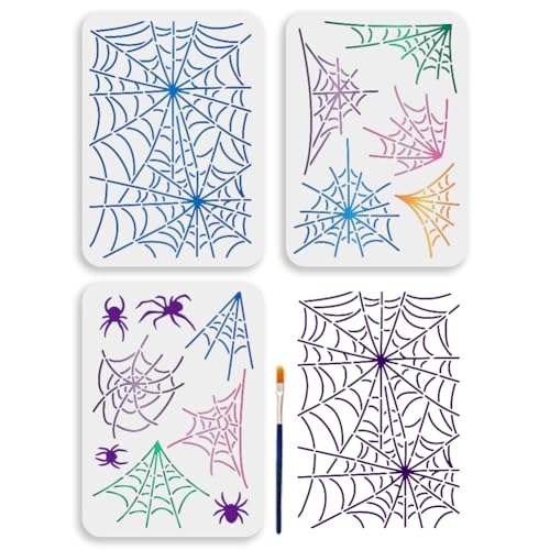 MAYJOYDIY 3Pcs A4 Spider Painting Stencil Spider Web Template 29.7x21cm Halloween Theme Plastic Stencil with Paint Brush Scary Insects Reusable Template for Painting on Wood Home Decor