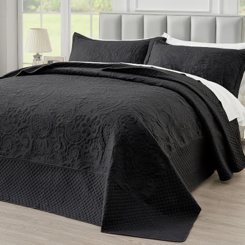 Image of Qucover Alaskan King Bedspread 132x120 Oversized Quilt Set, Black Paisley