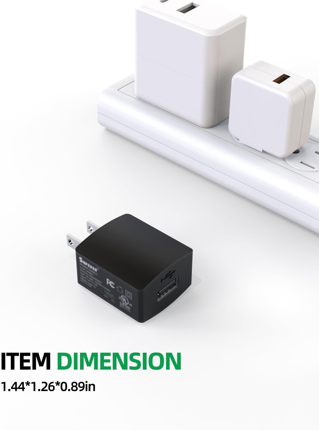Image of the charger adapter next to a power strip