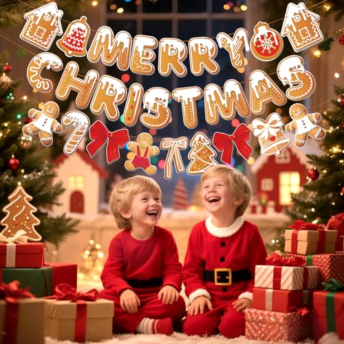 Image of Merry Christmas Banner Gingerbread Christmas Hanging Decoration 3PCS Gingerbread Theme Garland Banner for Holiday Home Office Fireplace Wall Decor Outdoor Indoor Xmas Party Banner
