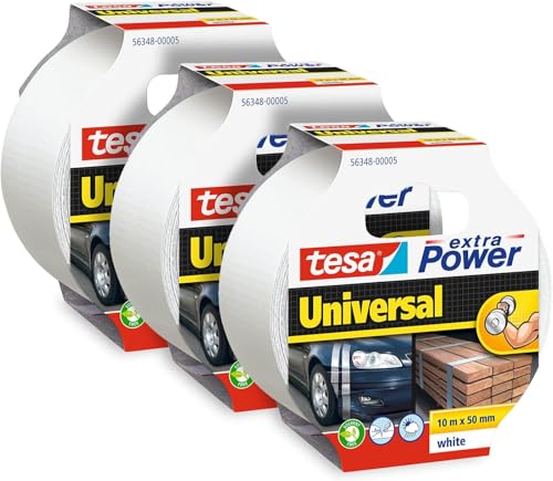 Image of tesa extra Power Universal Duct Tape - Adhesive Tape with Extra Strong Hold and Versatile Use - For Repairs, Fastening, Sealing and More - White - 3 rolls - 10 m x 50 mm