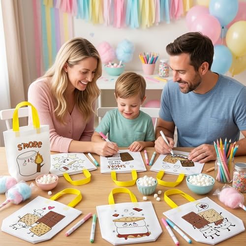 Image of Marshmallow Coloring Goodies Bags for Kids - 24Pcs Campfire Camping Bulk Color Your Own Gift Bags with Handle Marshmallow Reusable Non Woven Coloring Tote Bag for DIY Activity Birthday Party Supplies
