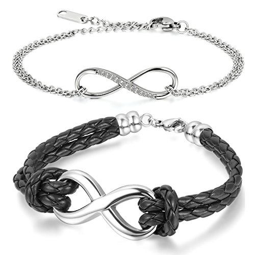 2 bracelets Infinity Cupimatch - Pour homme et femme - Un bracelet en acier inoxydable et zircone - Un bracelet en cuir tressé - Avec le symbole de l'infini Cover