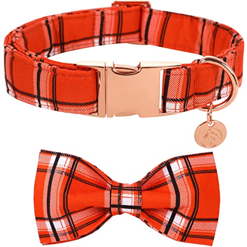 DOGWONG-Fall-Plaid-Dog-Collar-with-Removable-Cute-Bow-Tie-Adjustable-Pet-Collars-Soft-Comfy-Orange-Plaid-Pet-Collar-Fall-Dog-Collar-for-Small-Medium-Large-Dogs