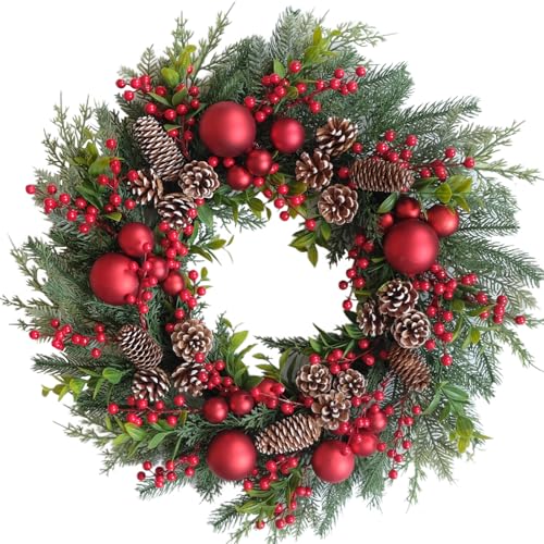 idyllic 24-Inch Christmas Wreaths for Front Door - Farmhouse Winter Wreath with Balls and Berries for Outdoor or Indoor Decor, Holiday Rustic Xmas Wreath for Porch, Home, Party