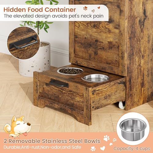 Dog Feeding Station with 2 Elevated Bowls, Pet Feeding Station,Flip Top Dog Food Storage Cabinet, Food Storage Container,Pet Toy Organizer,Modern Organizer,Brown