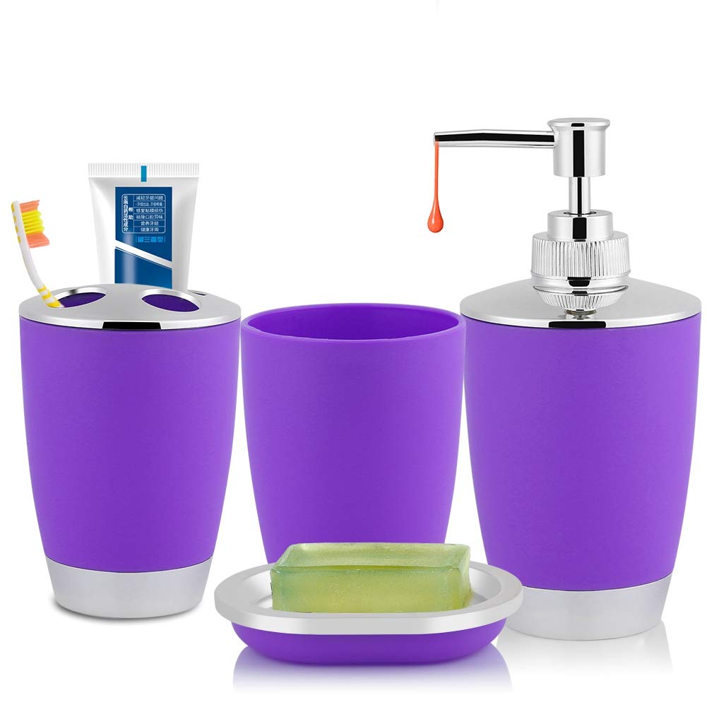 Distributeur de savon et porte-brosse à dents violet en plastique PP pour rangement salle de bain