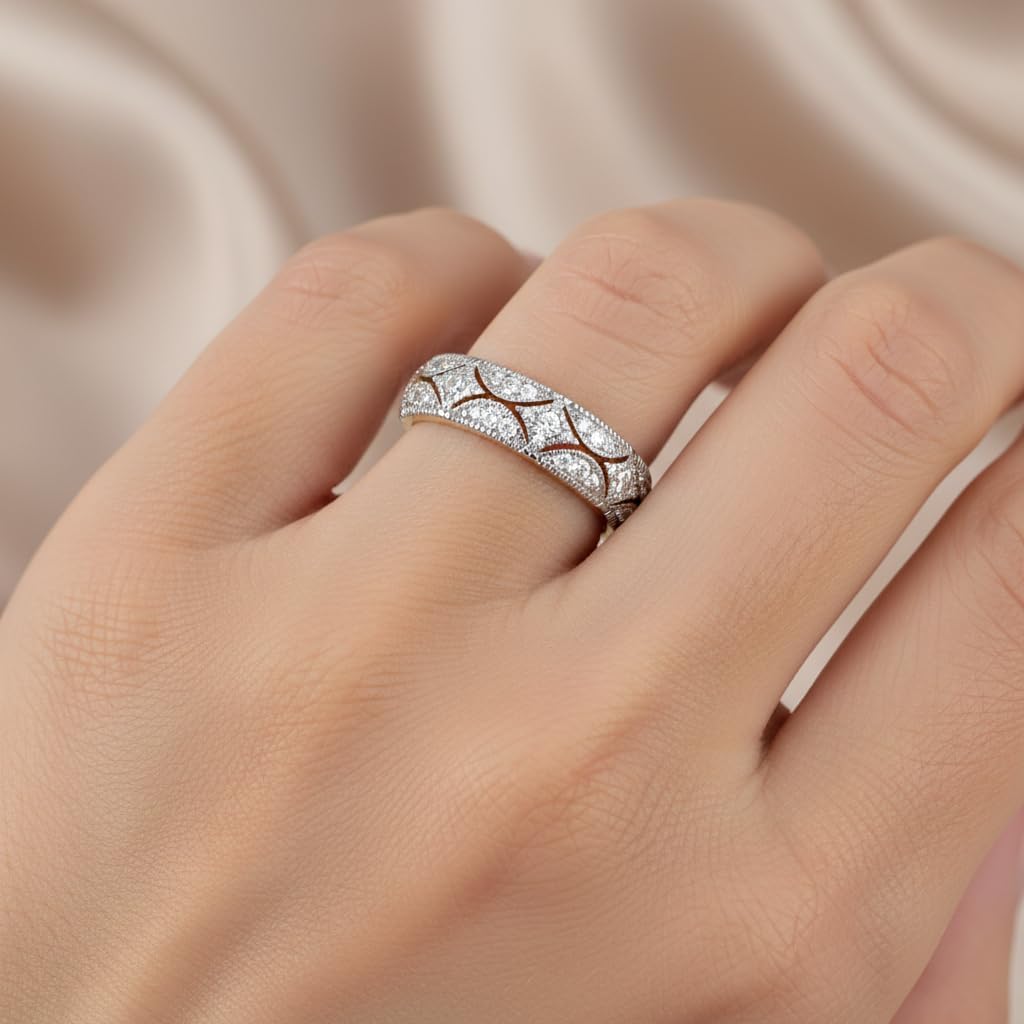 AFFY Women’s 1/20 Ct Round Moissanite or Lab Grown/Natural Diamond Wedding Band in 14K Gold Plated 925 Sterling Silver - Stackable Anniversary Ring, Dainty Jewelry Gift for Her