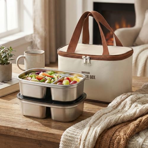 Image of Stainless Steel Lunch Box Set (2400ML) with Insulated Carry Bag | 2 Layer Food Grade Steel Containers, Leakproof Lid with Silicone Seal & Air Vent, Microwave, Dishwasher Safe
