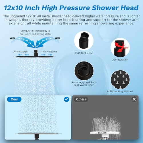 Image of Hibbent 12 inch Dual Filtered 10 inch Rainfall Shower Head with Handheld 10-Spray | High Pressure Metal Oil-Rubbed Bronze Showerhead Combo with Filter, Extension Arm with 4-way Diverter, 71'' Hose & Holder