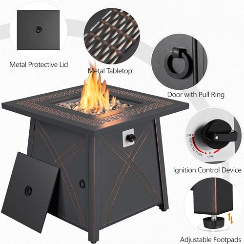 Yaheetech 28 inch Outdoor Gas Fire Pit Table 50,000 BTU Propane Fire Pit with Lid and Lava Rocks, Multifunctional 2 in 1 Gas Firepit for Patio/Backyard/Deck/Party, CSA Certification, Copper