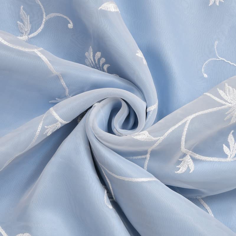 Image of 2 in 1 Embroidery Transparent Polyester Door Curtain with 80% Blackout Set of 2 Pieces(9 Feet, White Embroidery+Sky Blackout)