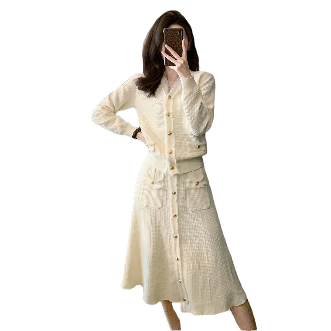 Women Slim V-Neck Short Sweater Cardigan Korean Vintage Button Warm Knit Skirts Sets
