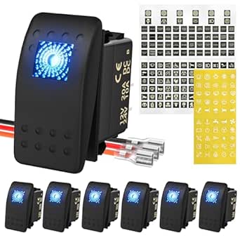 DaierTek 7pcs 12 Volt LED Rocker Toggle Switch Waterproof SPST 3 Pin ON/Off 20A 12V Blue Light for Marine Boat UTV ATV RZR RV SUV Truck Auto Car