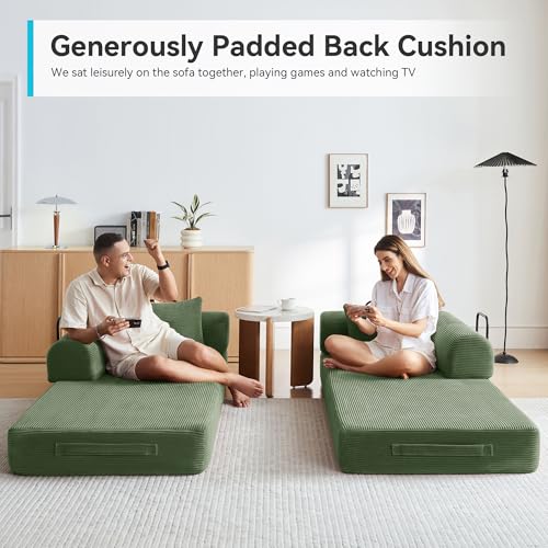 Image of Convertible Floor Sofa Bed with Fixed-Shape Frame, King Size Floor Sleeper 5-in-1 DIY Combination Modular Sofa, Modular Chenille Folding Mattress Couch for Living Room Bedroom Playroom (Green)