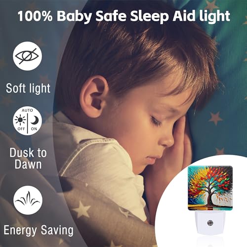 Image of Colorful Life Tree Night Light Plug into Wall, Abstract Modern Artwork Oil Painting Dusk to Dawn Night Light Plug in,0.5w Energy Saving Sleep Friendly NightLight for Kids Boys Girls Home Decor