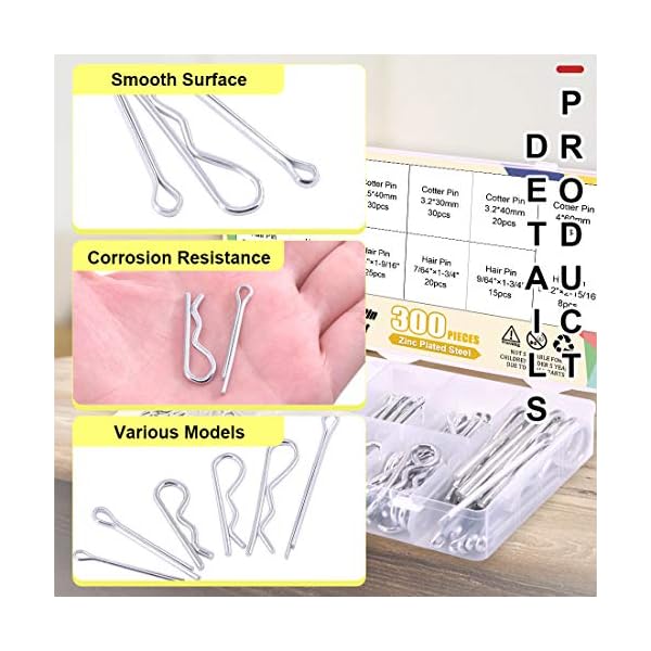 Hilitchi 300 Stück 12 Größen verzinkter Stahl Splinte Haarspangen und R Clips Verschluss Sortiment Kit für… – Bild 5