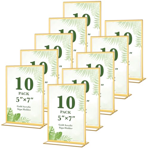 Alffun 10 Pack Gold Acrylic Sign Holders 5x7 Double Sided Picture Frames