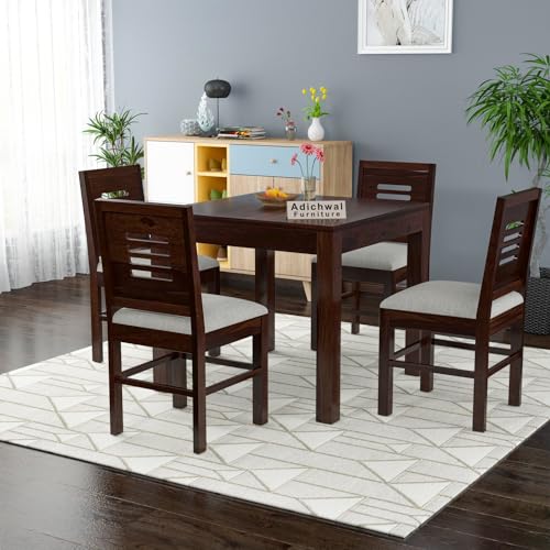 Image of Solid Sheesham Wood 4 Seater Dining Table Set with Cushioned Chairs for Dining Room | Living Room | Home & Office | Hotels Restaurant & Cafe (4 Seater, Walnut)