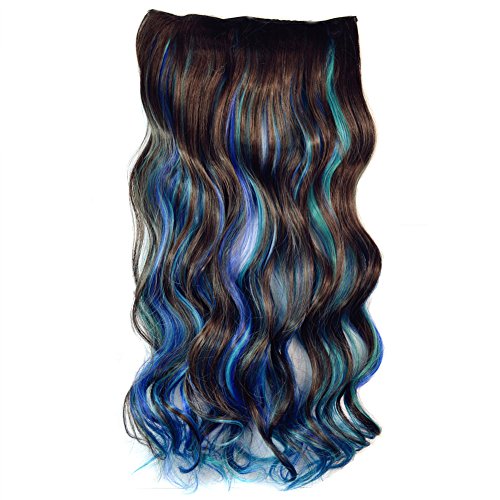 Stepupgirl Hair Extension 23 Inch Dark Brown Sky Blue and Sapphire 3 Mixed Color Curly Full Head Synthetic Clip on Wig Hairpiece