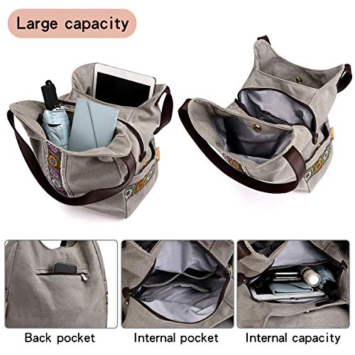 Fashion Modern Worldlyda Worldlyda Women Canvas Hobo Purse Multi Pocket Tote Shopper Shoulder Bag Casual Top Handle Handbag With Embroidery Ethnic Light Grey thumb #5