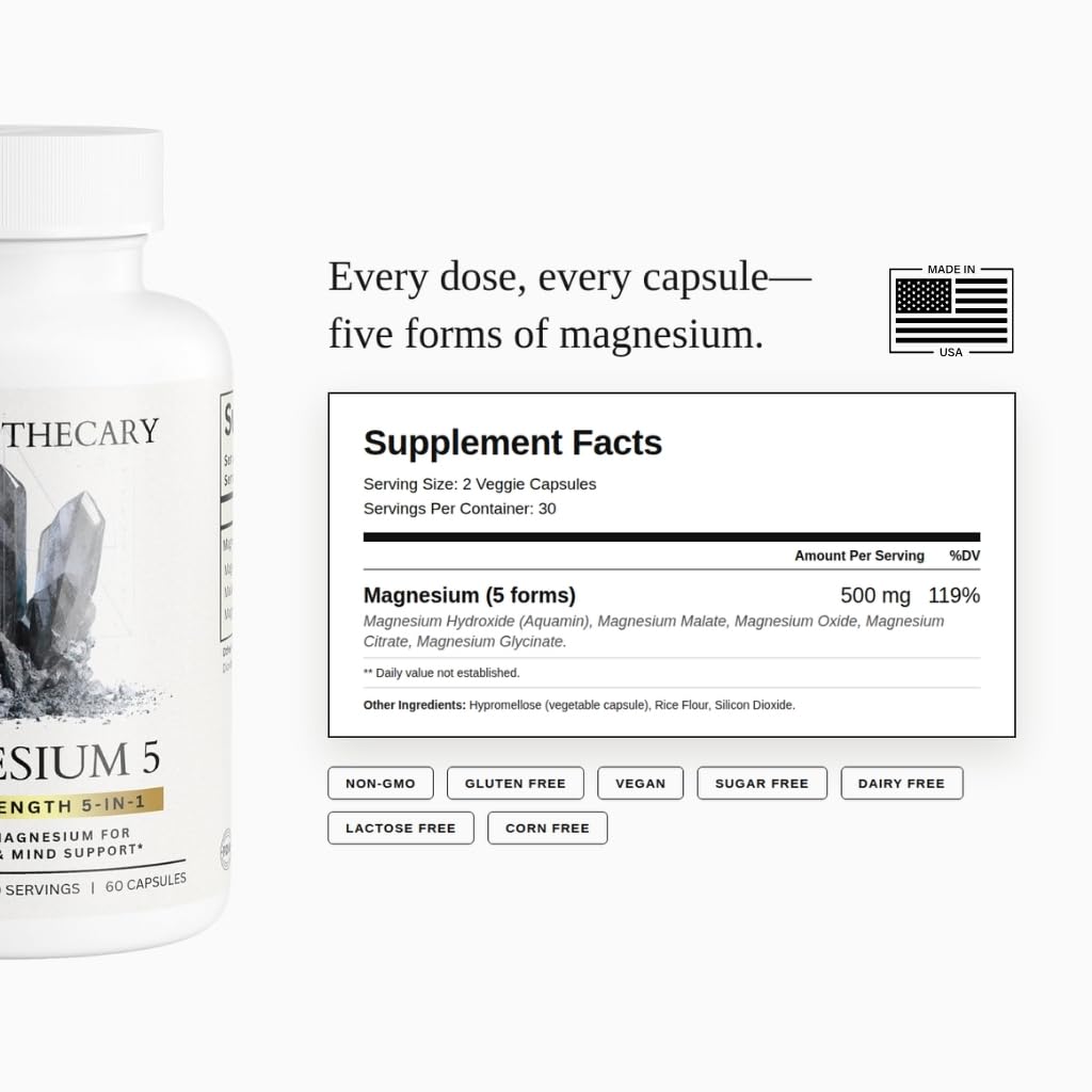 Magnesium 5 Complex 500mg, 5 Forms Glycinate Malate Citrate Oxide Aquamin, Muscle Nerve Relaxation & Sleep Support Supplement, 60 Veggie Capsules — Amazon image 3