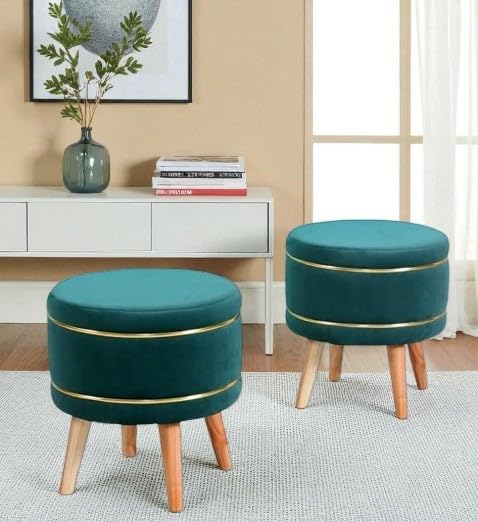 Image of Ottoman Stool for Living Room Foot Rest | Velvet Small Ottoman Foot Stool | Solid Wood Legs | Footstool Puffy for Home, Bedroom & Makeup Table | 16x16x18 Inch, Set of 2 (Green)