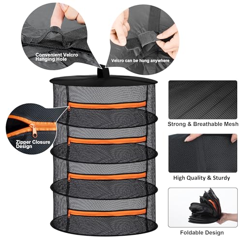 Image of Desy & Feeci Herb Drying Rack-2ft Diameter 4 Layer Folding Mesh Hanging Basket Dryer Net with Zippers for Seeds Flowers Buds Plants Garden Outdoor Bumper Harvest(D24xH31 inch)