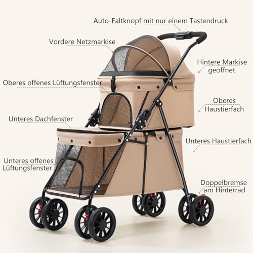 Faltbarer Hundewagen 2 Etagen, Haustiere Buggy Kann 24 kg Tragen, Hundebuggy mit Netzfenstern Sicherheitsgurt 4 Räder, Faltbar klappbar Katzenbuggy für 2 Kleine Hunde Katzen (Braun)