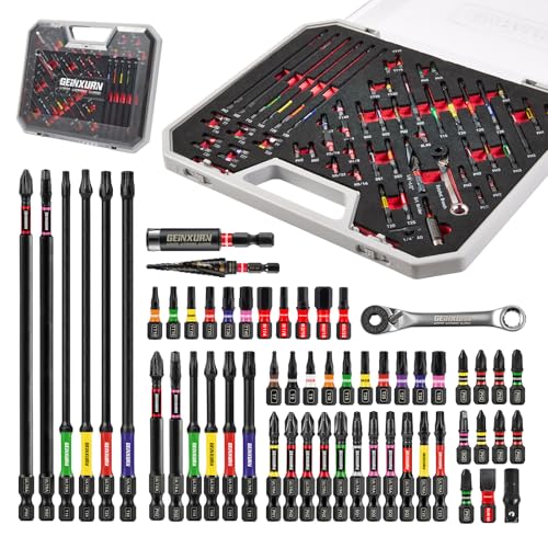 Geinxurn 58Pcs Screwdriver Set Include 54Pcs Impact Screwdriver Bits Set, Mini Wrench, Step Drill, 1/4”Socket Adapter and Impact Bit Extension with Tool Box for Home Repairs DIY