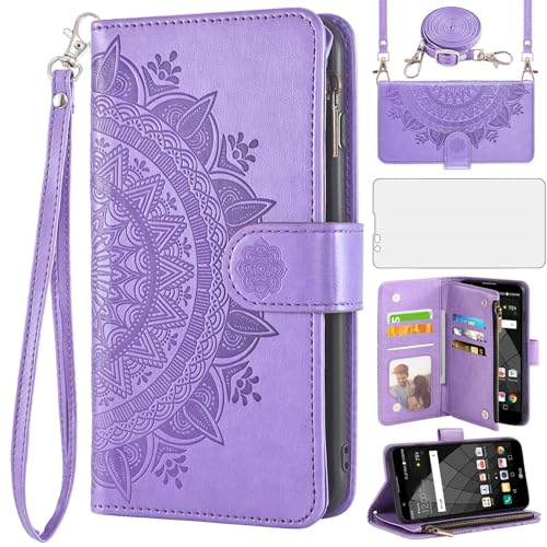Asuwish Phone Case for LG Stylo 2 2+/Stylus 2 Plus/Stylo2 V 2V Verizon Wallet Cell Cover with Screen Protector Lanyard Wrist Strap Mandala Flower Zipper Card Holder G LS775 VS835 Women Girls Purple